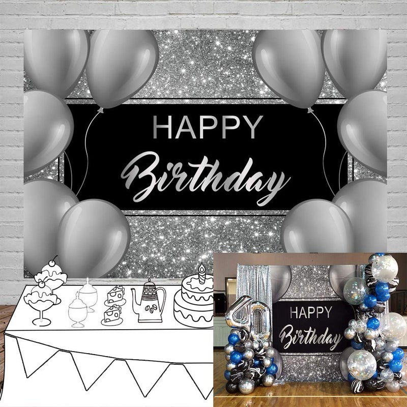 Laeacco Happy Birthday Backdrop 7x5ft Black and Silver Glitter Birthday Backdrops for Men Grey Balloons Birthday Party Decoration Cake Table Banner Supplies Child Kid Baby Woman Birthday Photo Studio - Image 1